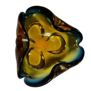 Vintage Murano Art Glass tray Amber Blue Green Sommerso Trinket Dish Catchall